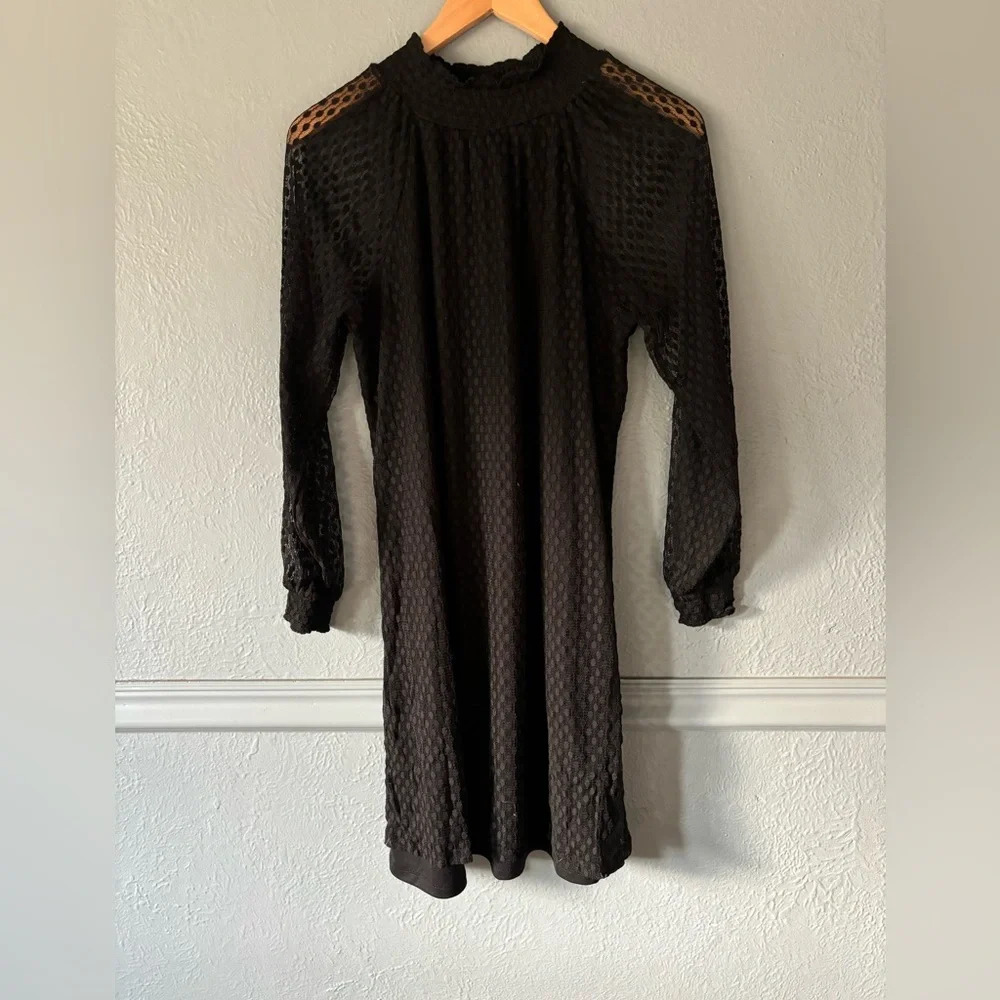 Nina Leonard | black | mock neck | lace overlay | long sleeve | dress | L